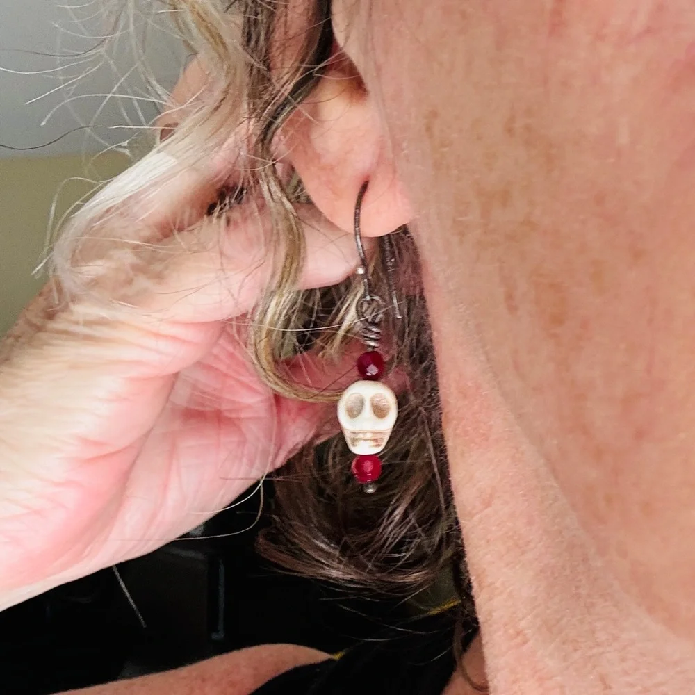 Handmade Skull & Ruby Earrings – Darkened Sterling Silver Gothic Chic